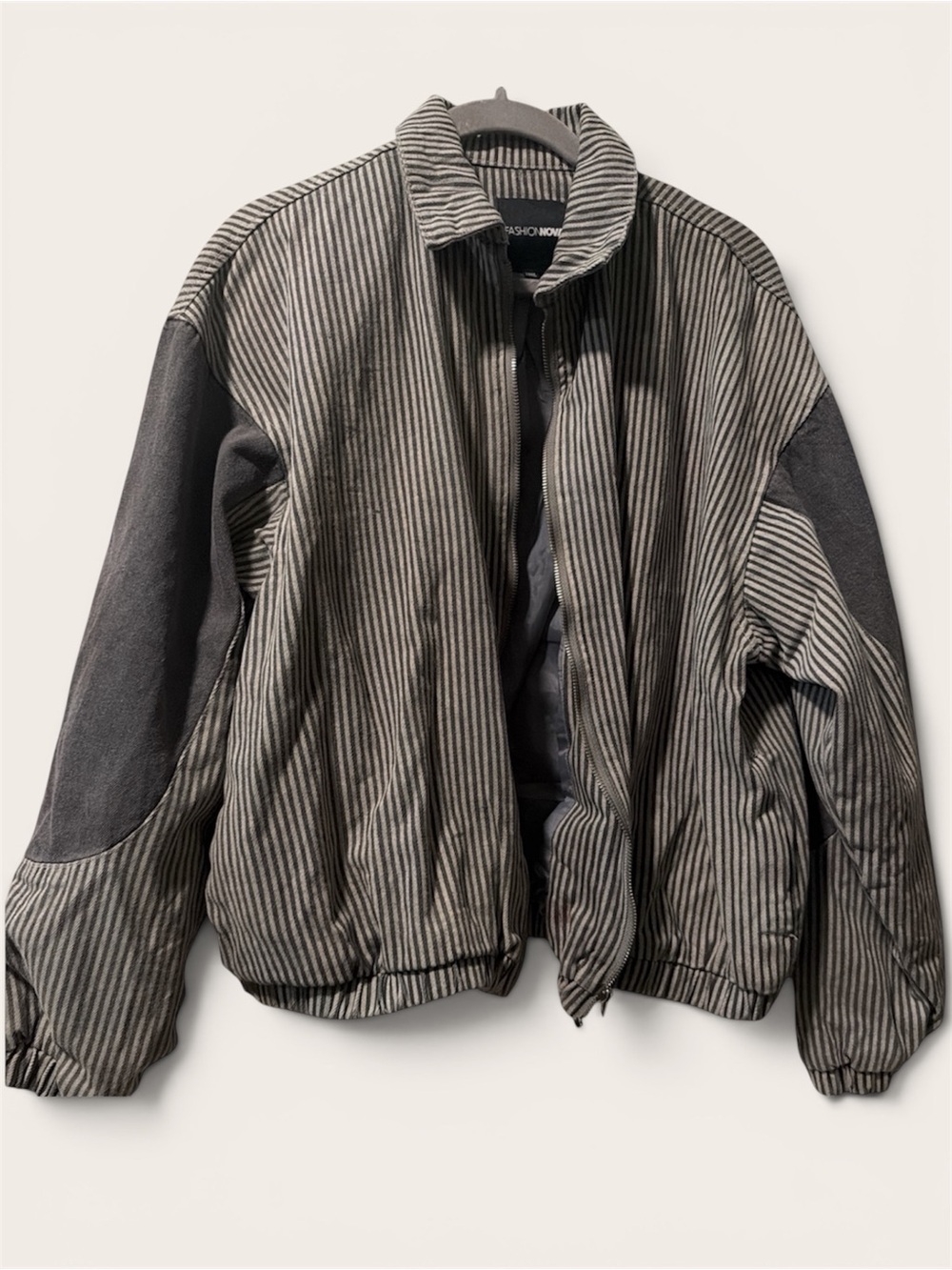 Fashion Nova Men's Striped Gray Bomber Jacket with Dark Charcoal Sleeves